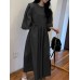 Pleat Solid Puff Sleeve Round Neck Midi Dress