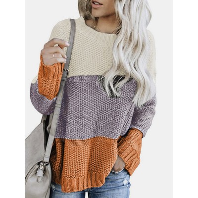 Women Contrast Color Patchwork Round Neck Long Sleeve Knitted Casual Sweater