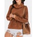 Women Solid Color High Neck Pullover Casual Warm Ribbed Knitted Sweater