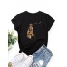 Women Cartoon Girl   Cat Print O  Neck Short Sleeve Casual T  Shirts