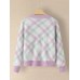 Women Plaid V  Neck Knitted Elastic Cuff Color Block Cardigan