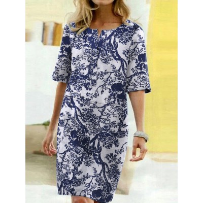 Plant Print Half Open Collar Half Sleeve Midi Dress